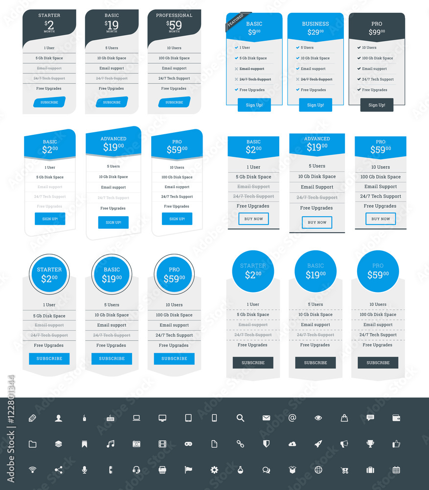 Wall mural set of pricing table design templates for websites and applications. vector pricing plans with icon 