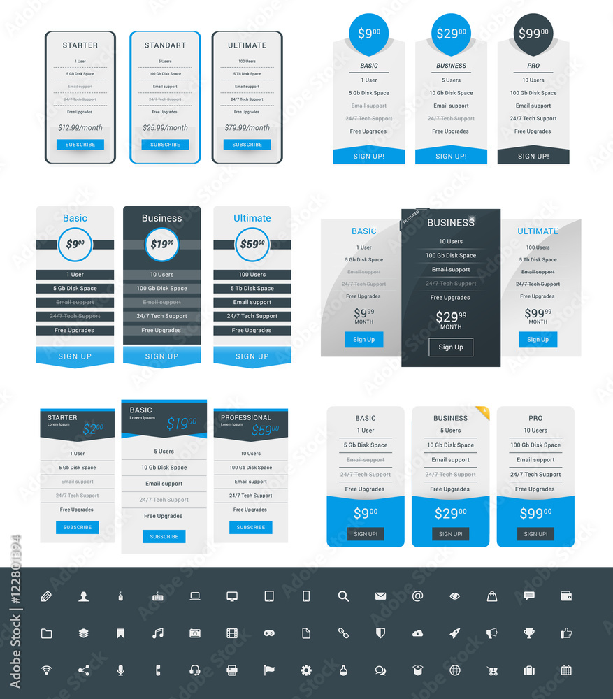 Wall mural set of pricing table design templates for websites and applications. vector pricing plans with icon 