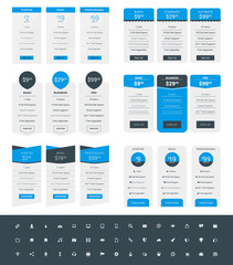 Set of Pricing Table Design Templates for Websites and Applications. Vector Pricing Plans with Icon Set. Blue and Black Colors. Flat Style Vector Illustration