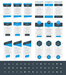 Set of Pricing Table Design Templates for Websites and Applications. Vector Pricing Plans with Icon Set. Blue and Black Colors. Flat Style Vector Illustration