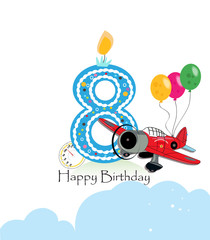 Eighth birthday greeting card. Air plane and balloon happy birthday boy greeting card