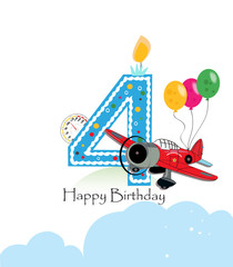 Fourth birthday greeting card. Air plane and balloon happy birthday boy greeting card