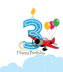 Third birthday greeting card. Air plane and balloon happy birthday boy greeting card