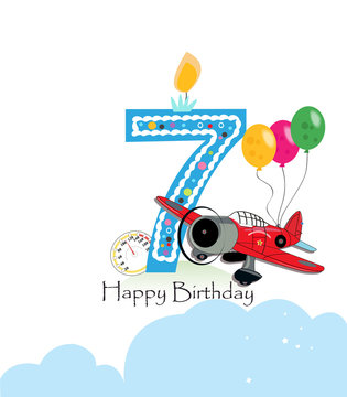Seventh birthday greeting card. Air plane and balloon happy birthday boy greeting card