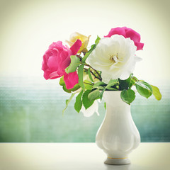 Beautiful bouquet of cream and pink rose flowers in vase with green bokeh background.