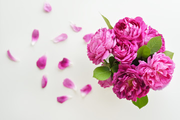 Bouquet of beautiful pink roses background. Top view flowers background.