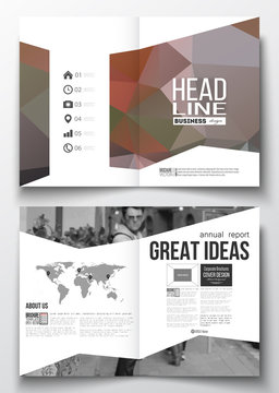 Set of business templates for brochure, magazine, flyer, booklet or annual report. Polygonal background, blurred image, urban landscape, cityscape, modern triangular texture