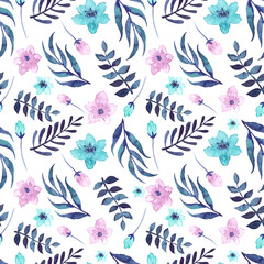 Seamless Pattern With Watercolor Blue And Pink Flowers