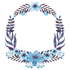 Fototapeta na wymiar Wreath With Watercolor Blue Flowers and Dark Foliage