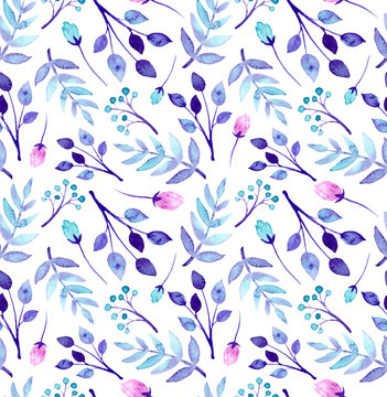 Watercolor Blue And Pink Flowers Repeat Pattern