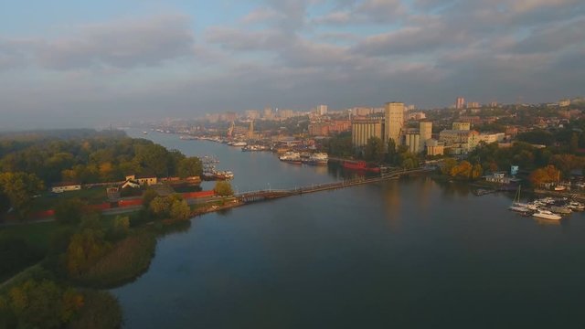 Aerial view above the Rostov-on-Don dockyard by the Don river.    