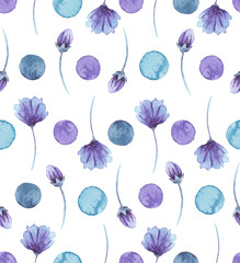 Watercolor Blue Flowers And Confetti Seamless Pattern