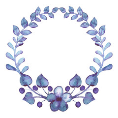 Wreath With Watercolor Berries, Violet Flowers And Leaves