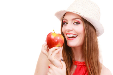 Woman summer hat colorful makeup holds apple fruit