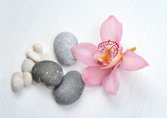 Obraz na płótnie Canvas Spa background with orchid flower and stones