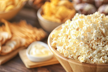 Tasty snacks prepared for super bowl party, close up view