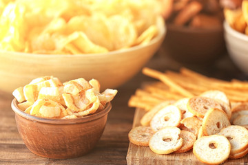 Tasty snacks prepared for super bowl party, close up view