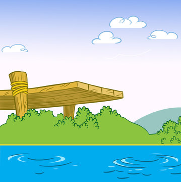 The illustration shows the background part of the river and a wooden bridge. Illustration done in cartoon style.