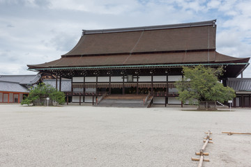 Kyoto, Japan - September 14, 2016: The large Shishinden hall stands behind a courtyard of pebbles. The hall was the principle spot where the emperor received groups of guests.
