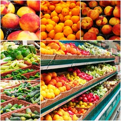Different grocery shelves full of fruit and vegetables, collage of colorized photo