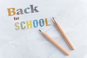Paper with inscription word BACK TO SCHOOL near wooden pencil with copy space