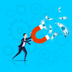 businessman with a magnet in his hands attracts money, businessman attract capital investment - business concept. Vector illustration