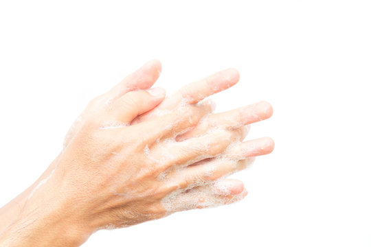 Closeup man's hand washing, Cleaning hands on white background