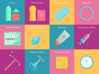 Contraception methods cartoon icons set