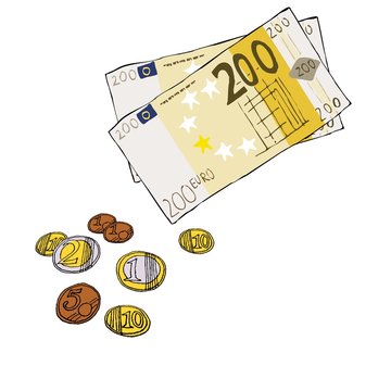 Wechselgeld Bargeld Scheine M&uuml;nzen 200 Euro Kleingeld - Comic von Hand gezeichnet