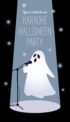 Invitation to karaoke Halloween party. Vector illustration of a cartoon ghost in a spotlight singing into a microphone. Long vertical format, black background, white text.