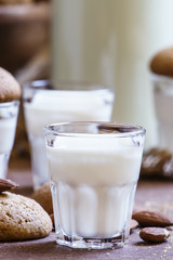 Fresh milk and homemade nut cookies, selective focus