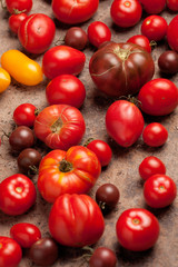 Fresh ecological different sorts of tomatoes for use as cooking ingredients. Tomatoes background.