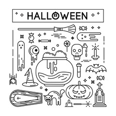 Happy halloween lined icons set.