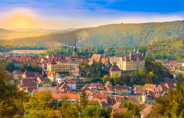 Panoramic view over the medieval fortress Sighisoara city, Transylvania, Romania