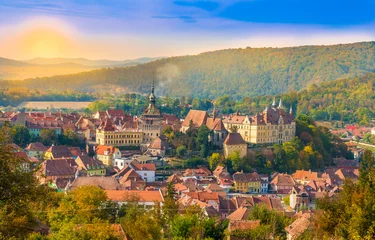Foto op Canvas Panoramic view over the medieval fortress Sighisoara city, Transylvania, Romania © Serenity-H