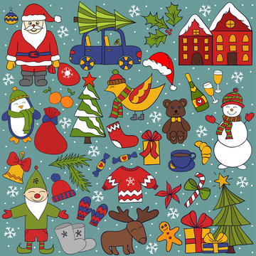 Merry Christmas and Happy New Year card. Hand draw cartoon elements. Holidays objects for Christmas and New Year greeting cards, fabric, wrapping paper, invitation, stationery.