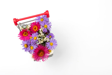 Shopping cart with different wild flowers on white background