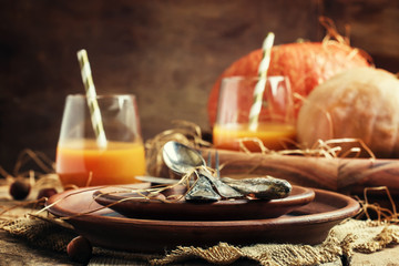 Rustic table setting for Thanksgiving Day: pottery, vintage appl