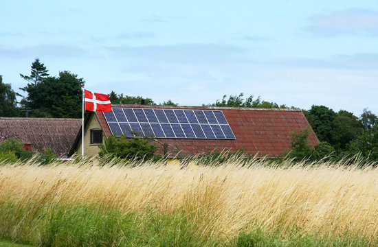  Solar panels at local brewery. Samsoe - the island of future uses 100% renewable energy. Denmark.