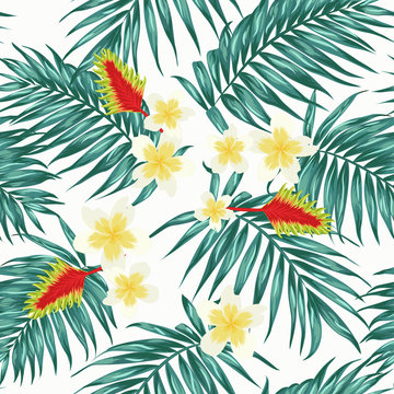Tropical seamless pattern with palm leaves and exotic flowers. Pale blue green on white background.