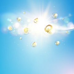 Fototapeta premium Skin care concept. UV Protection and whitening cream. Golden bubbles with vitamin letters over blue sky background. Vector illustration.