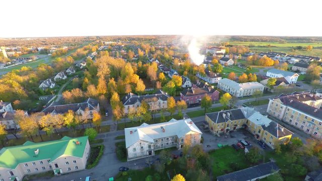 Suburban View of city and beautiful trees. Fall. Autumn landscape. Aerial footage.