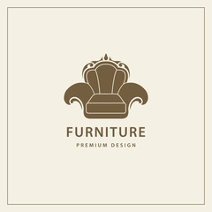 Furniture logo template. luxury universal premium design. Interior logotype symbol. Style line emblem of chair. Armchair sign for your business. Vector illustration