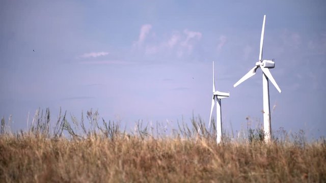 Wind Turbines. modern wind turbines generating sustainable energy in a field with wheat.
