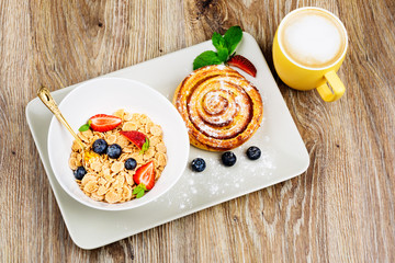 Healthy breakfast on wooden background