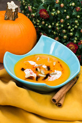 Pumpkin soup. Vegan menu. Thanksgiving dinner.
