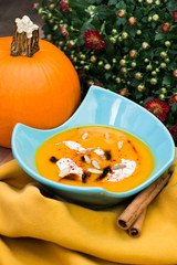 Spicy pumpkin soup. Vegan menu. Thanksgiving dinner.