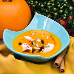 Pumpkin soup. Closeup. Thanksgiving dinner.