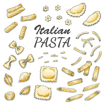 Set of colored italian pasta on white background
