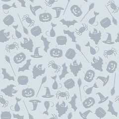 Seamless pattern background with Halloween characters in grey colors. Cat, bat, pumpkin, spider, pot, hat, broom, ghost.  Vector illustration.